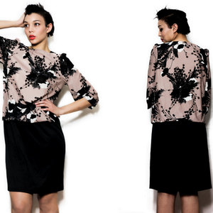 Vintage L / XL Tan Flower Print Shift Mini Dress Brown Black And White Large X-Large Womens - Thumbnail 1