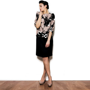 Vintage L / XL Tan Flower Print Shift Mini Dress Brown Black And White Large X-Large Womens - Thumbnail 2