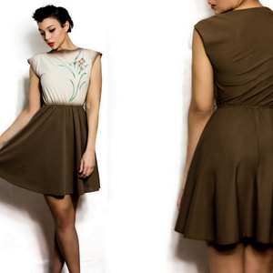 Vintage M / L Brown Skater Panel Dress w/ Abstract Flower Print Medium Large