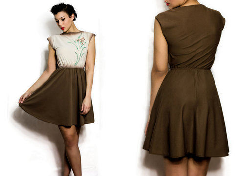 Vintage M / L Brown Skater Panel Dress w/ Abstract Flower Print Medium Large