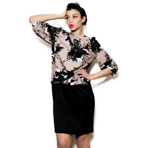 Vintage L / XL Tan Flower Print Shift Mini Dress Brown Black And White Large X-Large Womens - Thumbnail 4