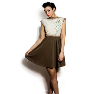 Vintage M / L Brown Skater Panel Dress w/ Abstract Flower Print Medium Large - Thumbnail 2