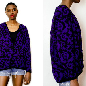 Vintage S / M / L 1980s Purple & Black Thorny Print Oversized Sweater Small Medium Large Asymmetrical