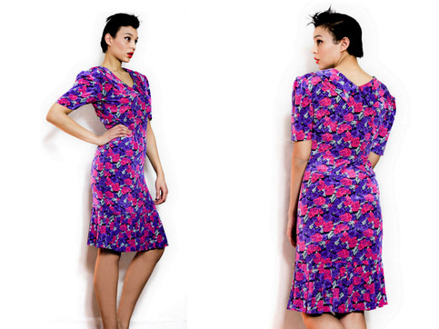 Vintage M / L 1940s 1950s Floral Print Dress w/ Pleated Bottom Mid Length Midi Garden Pink Purple Medium Large