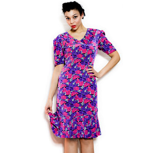 Vintage M / L 1940s 1950s Floral Print Dress w/ Pleated Bottom Mid Length Midi Garden Pink Purple Medium Large - Thumbnail 2