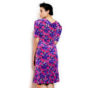 Vintage M / L 1940s 1950s Floral Print Dress w/ Pleated Bottom Mid Length Midi Garden Pink Purple Medium Large - Thumbnail 3
