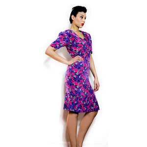 Vintage M / L 1940s 1950s Floral Print Dress w/ Pleated Bottom Mid Length Midi Garden Pink Purple Medium Large - Thumbnail 4