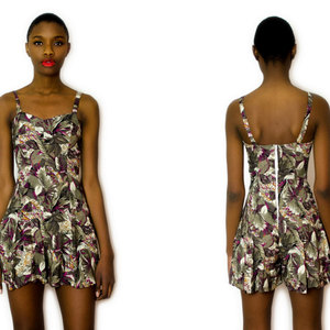 Vintage S / M 1980s Floral Romper In Shades Of Gray & Purple Small Medium Jumper Dress