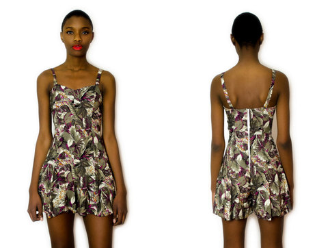 Vintage S / M 1980s Floral Romper In Shades Of Gray & Purple Small Medium Jumper Dress