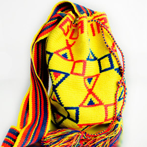 Authentic Rare Hand Woven Bag Mochilla Wayuu Tribe Yellow Orange Blue Shoulder Purse Guajira - Thumbnail 1