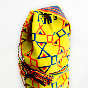 Authentic Rare Hand Woven Bag Mochilla Wayuu Tribe Yellow Orange Blue Shoulder Purse Guajira - Thumbnail 2