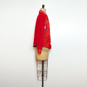 Vintage L / XL Sheer Red Top Button Up Shirt Fruit Flower Pattern Large X-Large Retro Collared Blouse