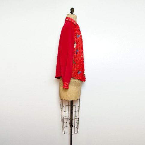 Vintage L / XL Sheer Red Top Button Up Shirt Fruit Flower Pattern Large X-Large Retro Collared Blouse