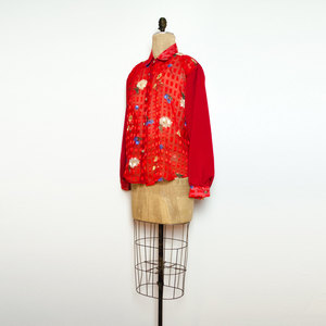 Vintage L / XL Sheer Red Top Button Up Shirt Fruit Flower Pattern Large X-Large Retro Collared Blouse - Thumbnail 1