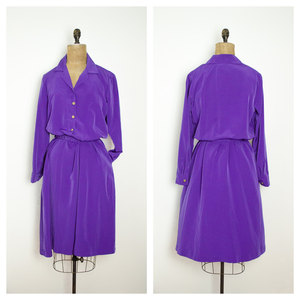 Vintage L / XL Purple Dress Shirt Short Midi Full Skirt Belted Large X-Large Retro Mad Men Mod Hippie