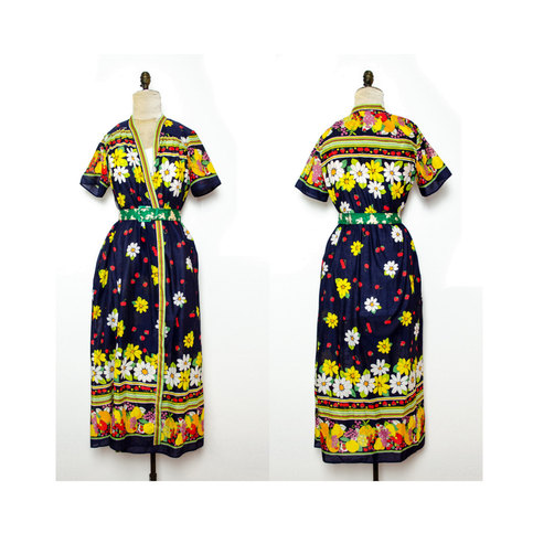 Vintage 1950s M / L Floral Maxi Dress Robe Vest  Blue Cherries Medium Large Retro Housewife