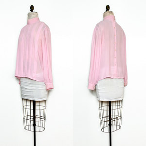 Vintage M / L Pink Top Shirt Blouse Button Up Pleated High Collar Sheer Medium Large