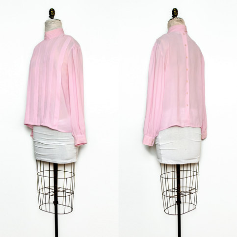 Vintage M / L Pink Top Shirt Blouse Button Up Pleated High Collar Sheer Medium Large