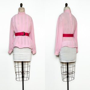 Vintage M / L Pink Top Shirt Blouse Button Up Pleated High Collar Sheer Medium Large - Thumbnail 1