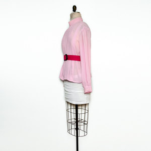 Vintage M / L Pink Top Shirt Blouse Button Up Pleated High Collar Sheer Medium Large - Thumbnail 3