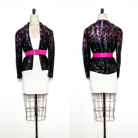 Vintage M / L Chevron Sequined Jacket Blazer Top Black Medium Large Beaded Bead Sequin