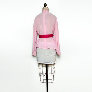 Vintage M / L Pink Top Shirt Blouse Button Up Pleated High Collar Sheer Medium Large - Thumbnail 4