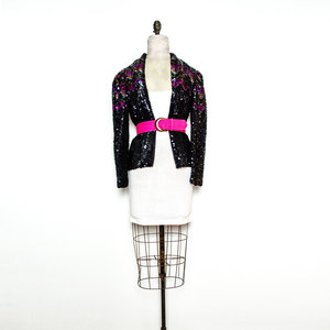 Vintage M / L Chevron Sequined Jacket Blazer Top Black Medium Large Beaded Bead Sequin - Thumbnail 2