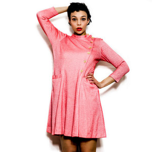 Vintage M / L 1960s Red A Line Mod Dress With Gold Asymmetrical Buttons Medium Large Scooter Twiggy - Thumbnail 1