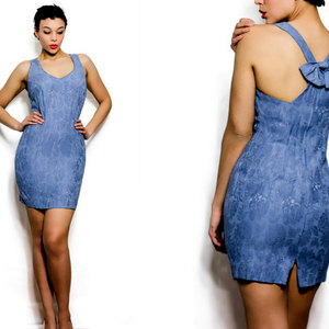 Vintage M 1980s Flower Embossed Blue Mini Dress w/ Strappy Criss Cross Bow Back Medium - Thumbnail 1