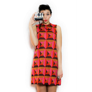 Vintage Medium Large M / L 1960s Mod A Line Shift Dress w/ Colorful Geometric Pattern Scooter Twiggy Style