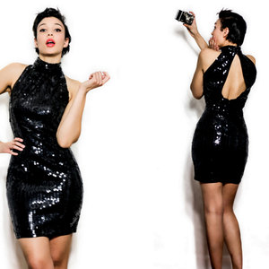 Vintage Medium Large M / L 1980s Dress Sequin Halter Mini w/ Back Key Hole Bodycon Cocktail Party Dress - Thumbnail 2