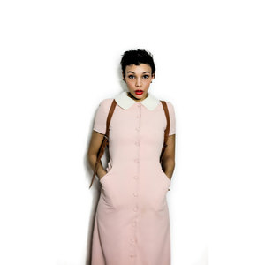 Vintage Medium Large M / L 1950s Mod Dress Pink Button Down French Nurse Style Uniform Midi w/ Peter Pan Collar