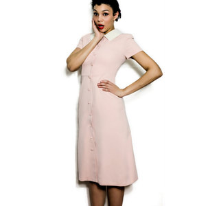 Vintage Medium Large M / L 1950s Mod Dress Pink Button Down French Nurse Style Uniform Midi w/ Peter Pan Collar - Thumbnail 1
