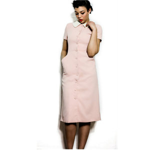 Vintage Medium Large M / L 1950s Mod Dress Pink Button Down French Nurse Style Uniform Midi w/ Peter Pan Collar - Thumbnail 3