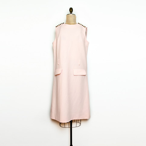 Vtg XL / 2XL Pink Mod Dress 1960s A Line Shift Scooter Twiggy w/ Military Buttons
