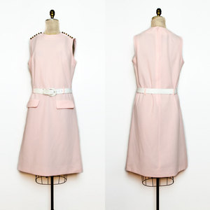 Vtg XL / 2XL Pink Mod Dress 1960s A Line Shift Scooter Twiggy w/ Military Buttons - Thumbnail 1