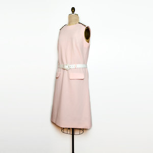 Vtg XL / 2XL Pink Mod Dress 1960s A Line Shift Scooter Twiggy w/ Military Buttons - Thumbnail 2