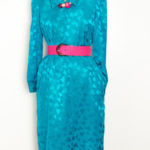 Vintage M Green Dress Shift Short Midi w/ Abstract Pattern Medium Retro Mad Men Mod Hippie