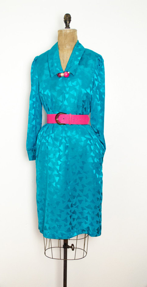 Vintage M Green Dress Shift Short Midi w/ Abstract Pattern Medium Retro Mad Men Mod Hippie