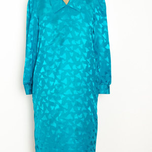 Vintage M Green Dress Shift Short Midi w/ Abstract Pattern Medium Retro Mad Men Mod Hippie - Thumbnail 1