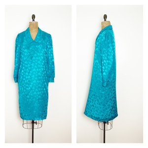 Vintage M Green Dress Shift Short Midi w/ Abstract Pattern Medium Retro Mad Men Mod Hippie - Thumbnail 3