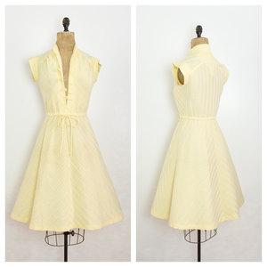 Vintage M Yellow Dress Skater Short Mini w/ Stripes Medium Retro Mad Men Mod Hippie