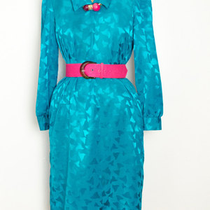 Vintage M Green Dress Shift Short Midi w/ Abstract Pattern Medium Retro Mad Men Mod Hippie - Thumbnail 4