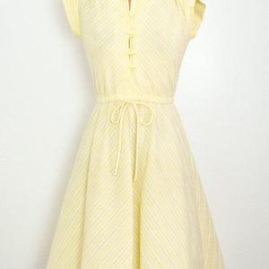 Vintage M Yellow Dress Skater Short Mini w/ Stripes Medium Retro Mad Men Mod Hippie - Thumbnail 1
