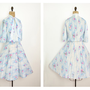 Vintage M / L Blue Dress Skater Short Mini Pastel w/ Flowers Medium Large Sheer Retro Mad Men