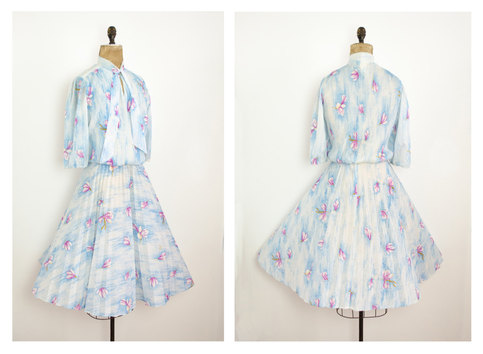 Vintage M / L Blue Dress Skater Short Mini Pastel w/ Flowers Medium Large Sheer Retro Mad Men