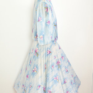 Vintage M / L Blue Dress Skater Short Mini Pastel w/ Flowers Medium Large Sheer Retro Mad Men - Thumbnail 2