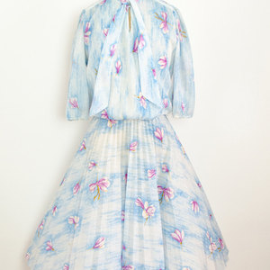 Vintage M / L Blue Dress Skater Short Mini Pastel w/ Flowers Medium Large Sheer Retro Mad Men - Thumbnail 3