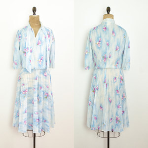 Vintage M / L Blue Dress Skater Short Mini Pastel w/ Flowers Medium Large Sheer Retro Mad Men - Thumbnail 4