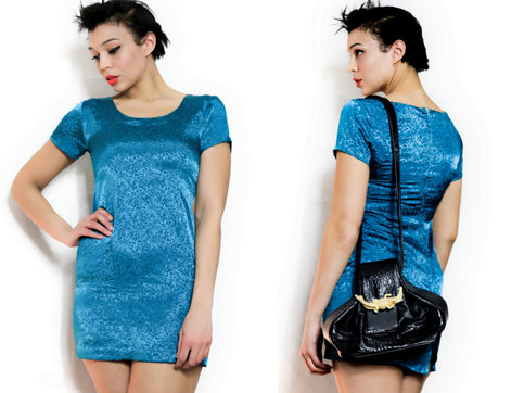 Vintage S / M Dress Floral Embossed Print Cyan Mini Small Medium Blue Green Retro Short